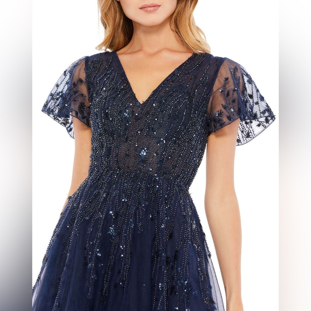 NEW Embellished Tea Length V Gown Beaded Sequins Mother Bride Wedding Guest Midi